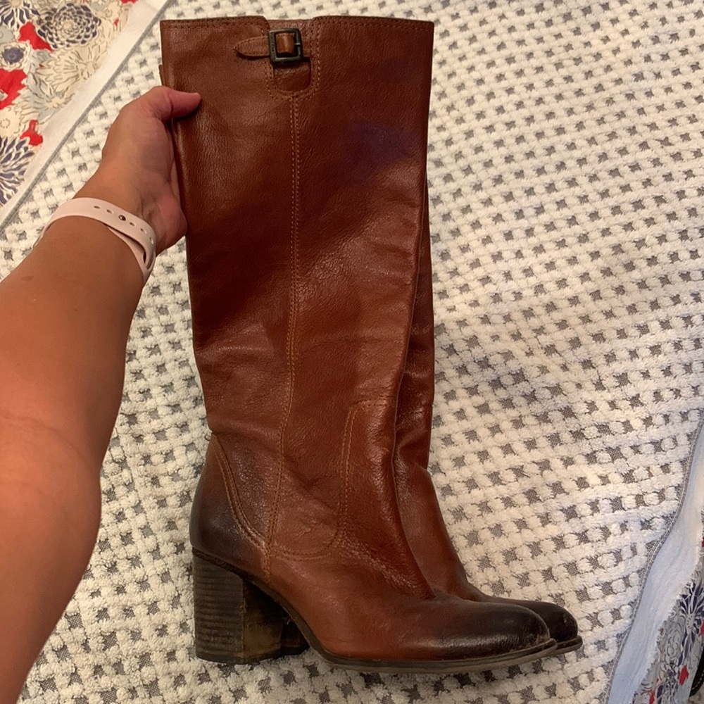 Vince Camuto Tall Genuine Leather Block Heeled Boots in Cognac
